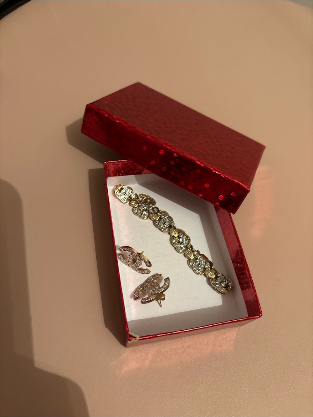 CHANEL Gold-Tone Crystal Bracelet and Earrings Set (  hot deal  )